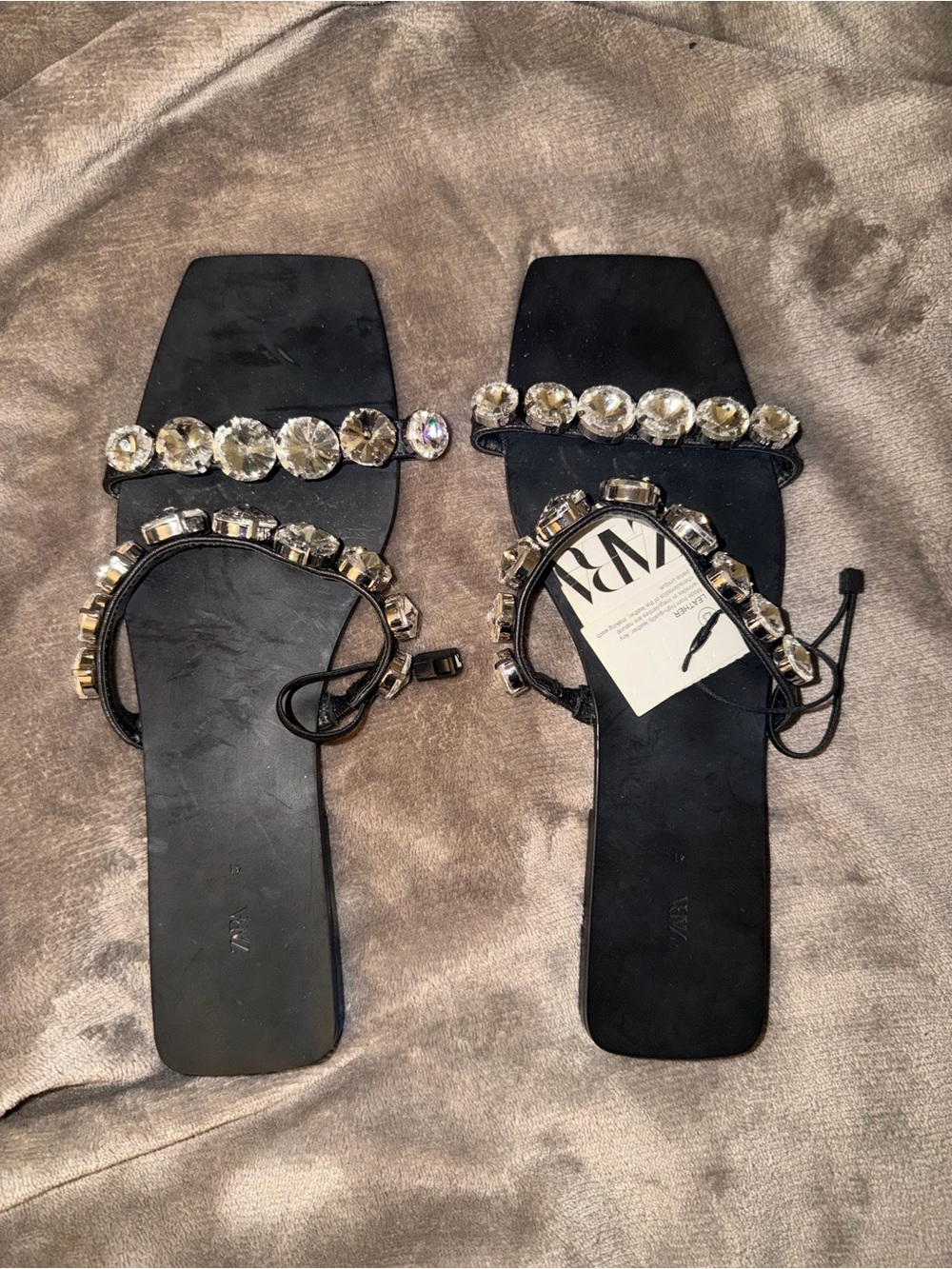 Zara Black Jeweled Square-Toe Slide Sandals